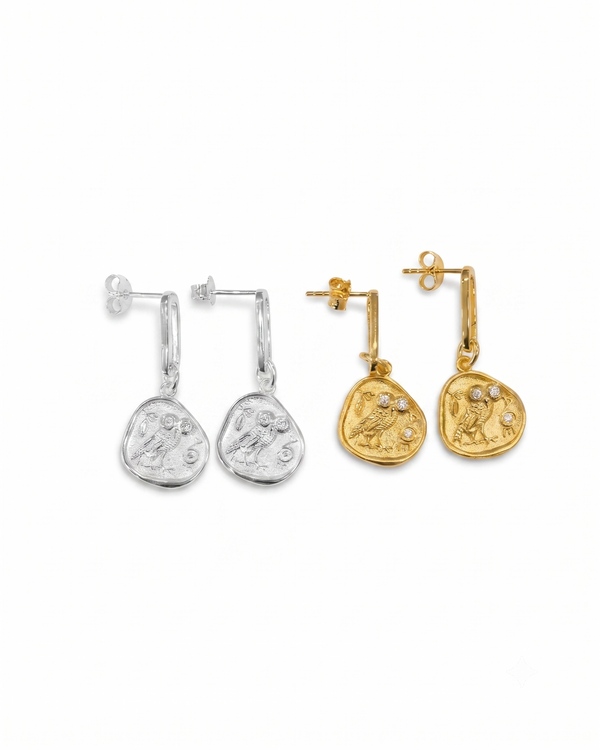 Athena Wisdom Owl Earrings in Sterling Silver and 18K Gold Plated