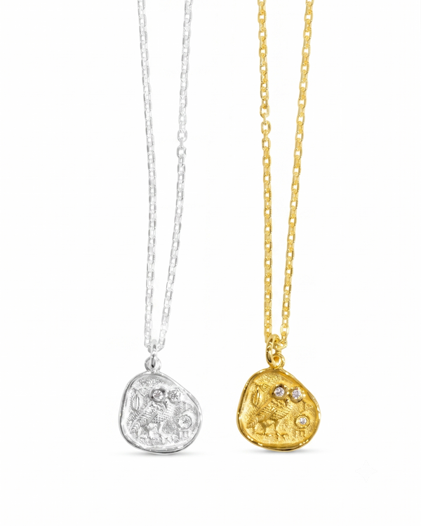 Athena Wisdom Owl Necklace in Sterling Silver and 18K Gold Plated