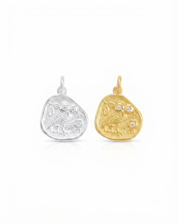 Athena Wisdom Owl Pendant in Sterling Silver and 18K Gold Plated